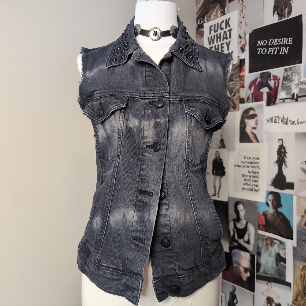 Studded Bleach Wash Denim Punk Vest